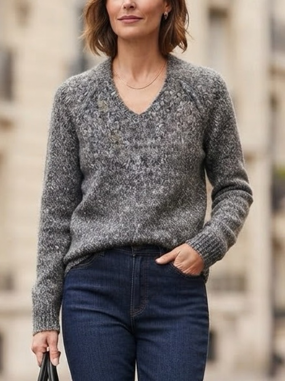 FILIPPA K Grey Marled Chunky Knit Wool Blend V Neck Sweater Size XS
